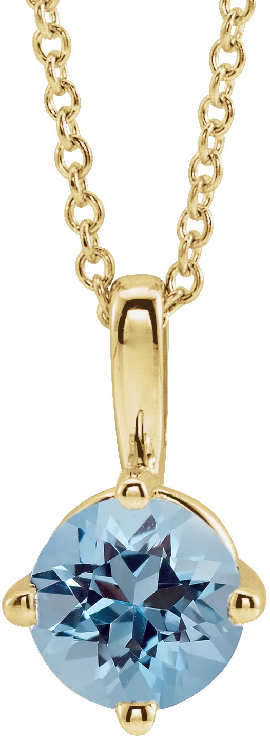 14K Gold Round Natural Aquamarine Solitaire Necklace or Pendant II - Yellow Gold
