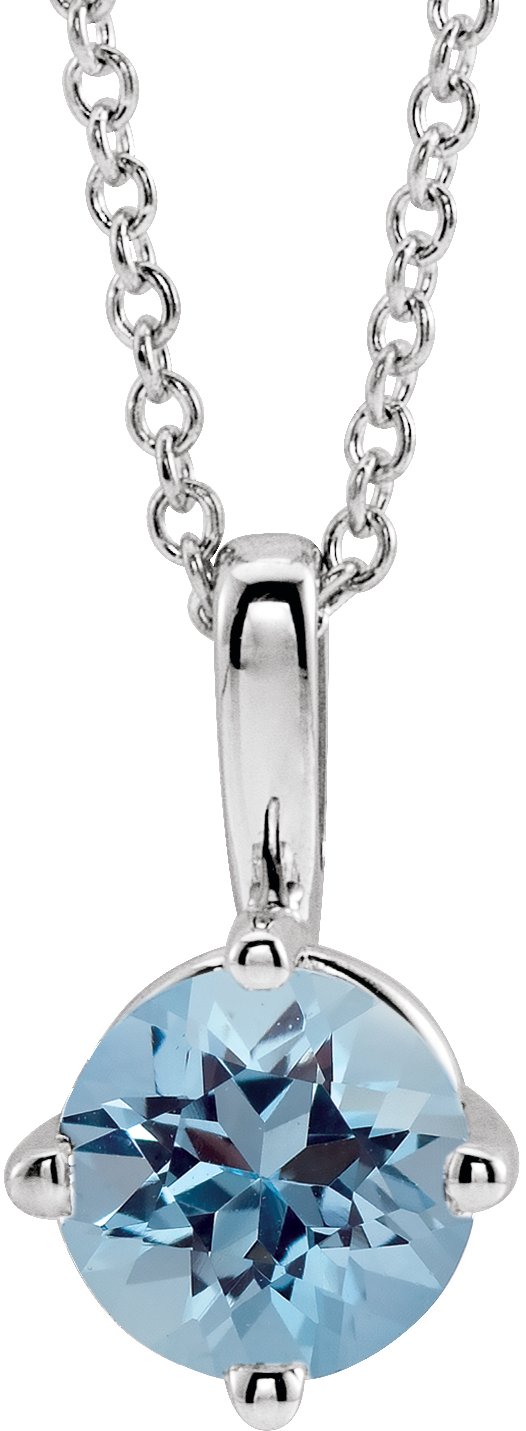 14K Gold Round Natural Aquamarine Solitaire Necklace or Pendant II - White Gold