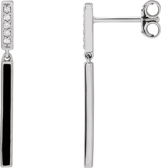 14K Gold Round Natural Diamond Enamel Bar Earrings - White Gold