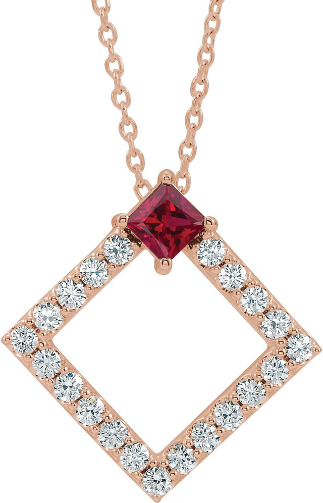 14K Gold Square Natural Ruby Accented Geometric Necklace or Pendant - Rose Gold