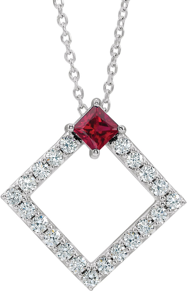 Platinum Square Natural Ruby Accented Geometric Necklace or Pendant