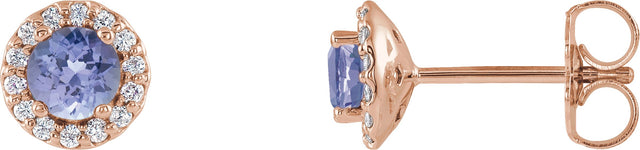 14K Gold Natural Blue Tanzanite Round 4-Prong Halo-Style Earrings