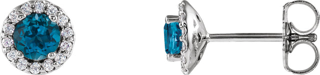 Platinum Natural London Blue Topaz Round 4-Prong Halo-Style Earrings