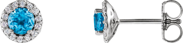 14K Gold Natural Swiss Blue Topaz Round 4-Prong Halo-Style Earrings - White Gold