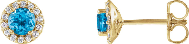 14K Gold Natural Swiss Blue Topaz Round 4-Prong Halo-Style Earrings - Yellow Gold
