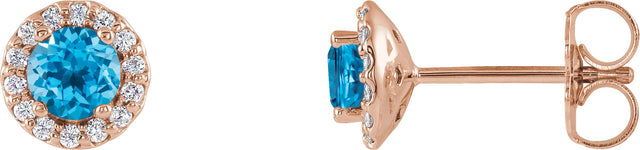 14K Gold Natural Swiss Blue Topaz Round 4-Prong Halo-Style Earrings - Rose Gold