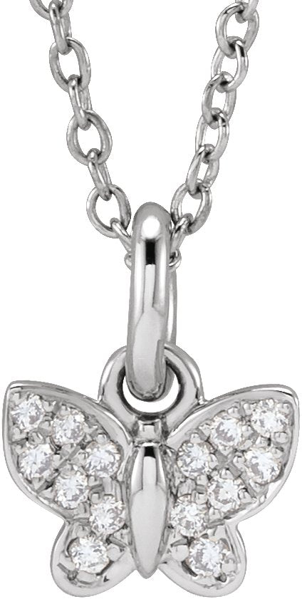 14K Gold Round Natural Diamond Youth Butterfly Necklace - White Gold