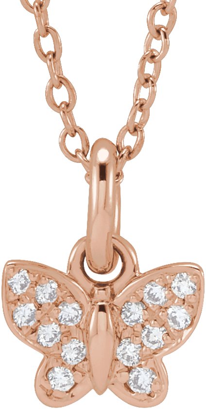 14K Gold Round Natural Diamond Youth Butterfly Necklace - Rose Gold