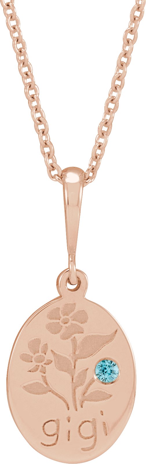 14K Gold Round Natural Blue Zircon Gigi Necklace or Pendant - Rose Gold