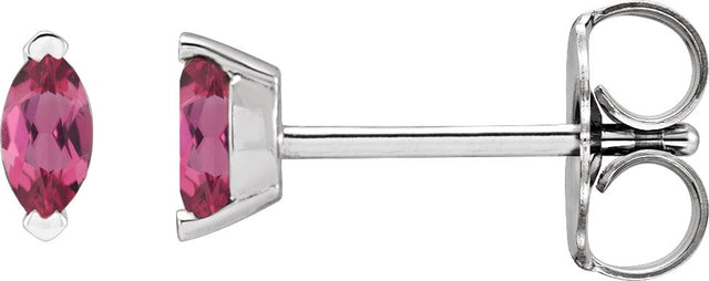 14K Gold Marquise Natural Pink Tourmaline Solitaire V-Prong Stud Earrings - White Gold