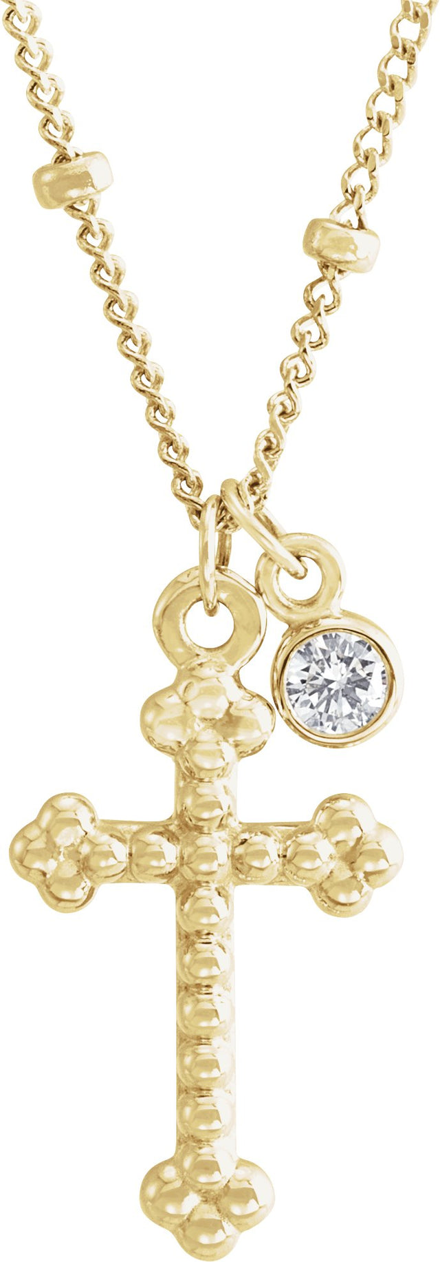 14K Gold Round Natural Diamond Accented Beaded Cross Necklace - Yellow Gold