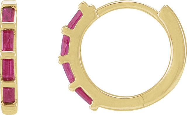 14K Gold Straight Baguette Natural Ruby Baguette Huggie Earrings - Yellow Gold