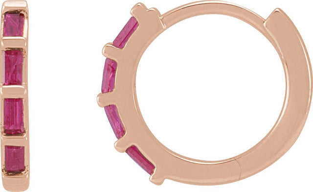 14K Gold Straight Baguette Natural Ruby Baguette Huggie Earrings - Rose Gold