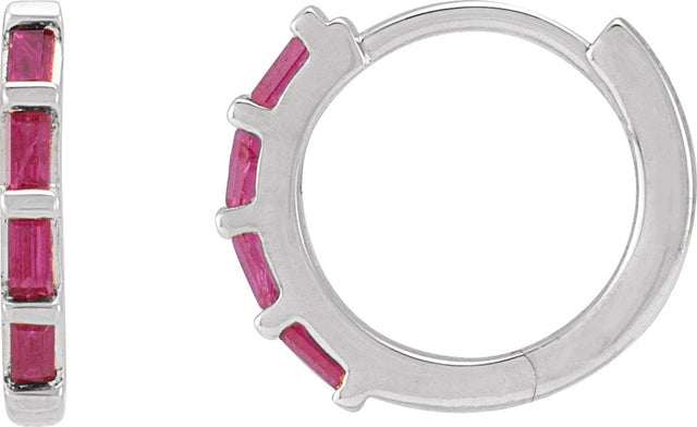 14K Gold Straight Baguette Natural Ruby Baguette Huggie Earrings - White Gold