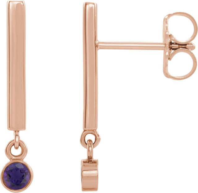 14K Gold Round Natural Amethyst Bezel-Set Bar Earrings - Rose Gold