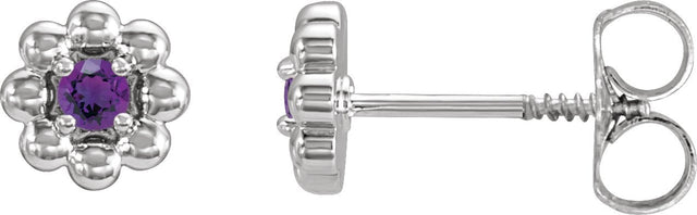 Platinum Round Natural Amethyst Petite Flower Earrings