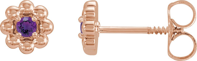 14K Gold Round Natural Amethyst Petite Flower Earrings - Rose Gold