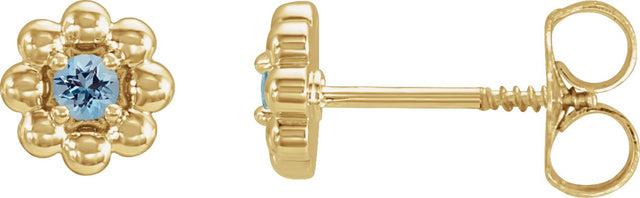 14K Gold Round Natural Aquamarine Petite Flower Earrings - Yellow Gold