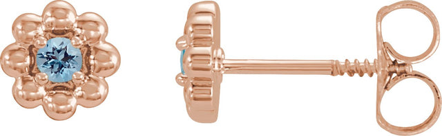 14K Gold Round Natural Aquamarine Petite Flower Earrings - Rose Gold
