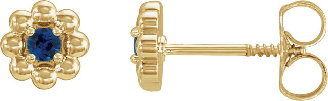14K Gold Round Natural Blue Sapphire Petite Flower Earrings - Yellow Gold