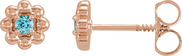 14K Gold Round Natural Blue Zircon Petite Flower Earrings - Rose Gold