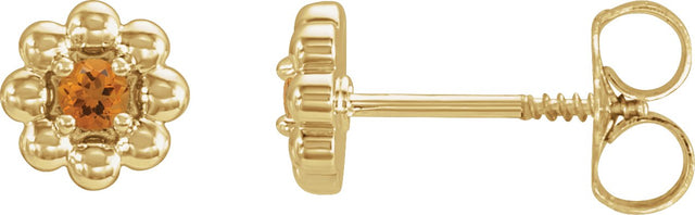 14K Gold Round Natural Citrine Petite Flower Earrings - Yellow Gold