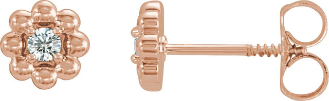 14K Gold Round Natural Diamond Petite Flower Earrings - Rose Gold