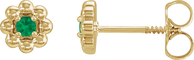 14K Gold Round Natural Emerald Petite Flower Earrings - Yellow Gold