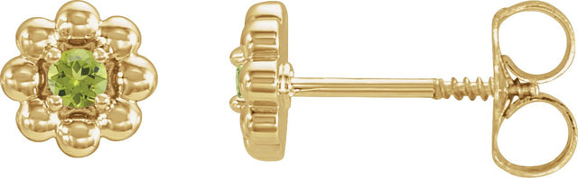 14K Gold Round Natural Peridot Petite Flower Earrings - Yellow Gold