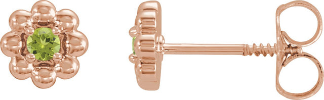 14K Gold Round Natural Peridot Petite Flower Earrings - Rose Gold