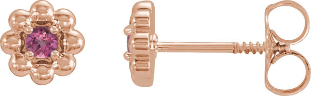 14K Gold Round Natural Pink Tourmaline Petite Flower Earrings - Rose Gold