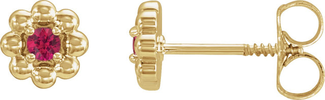 14K Gold Round Lab-Grown Ruby Petite Flower Earrings - Yellow Gold