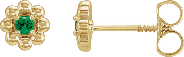 14K Gold Round Natural Tsavorite Garnet Petite Flower Earrings - Yellow Gold