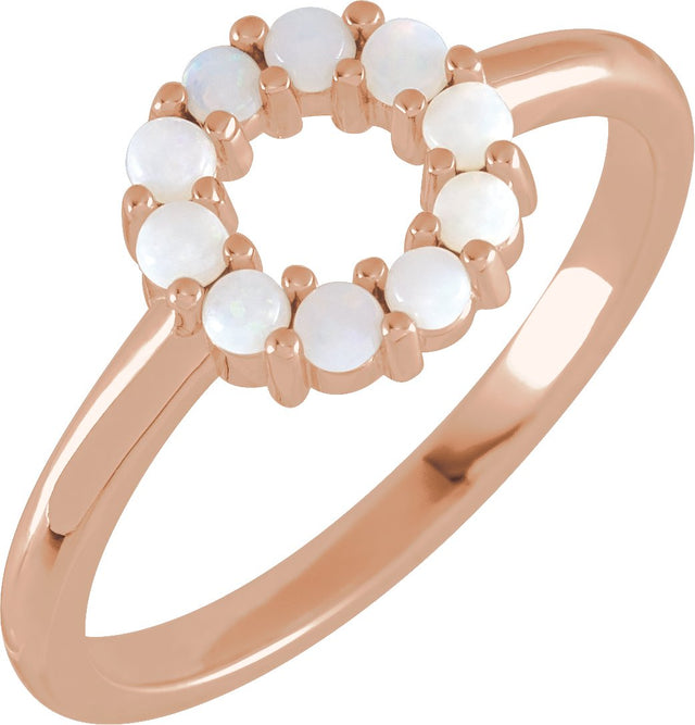 14K Gold Round Natural White Opal Cabochon Halo-Style Ring - Rose Gold