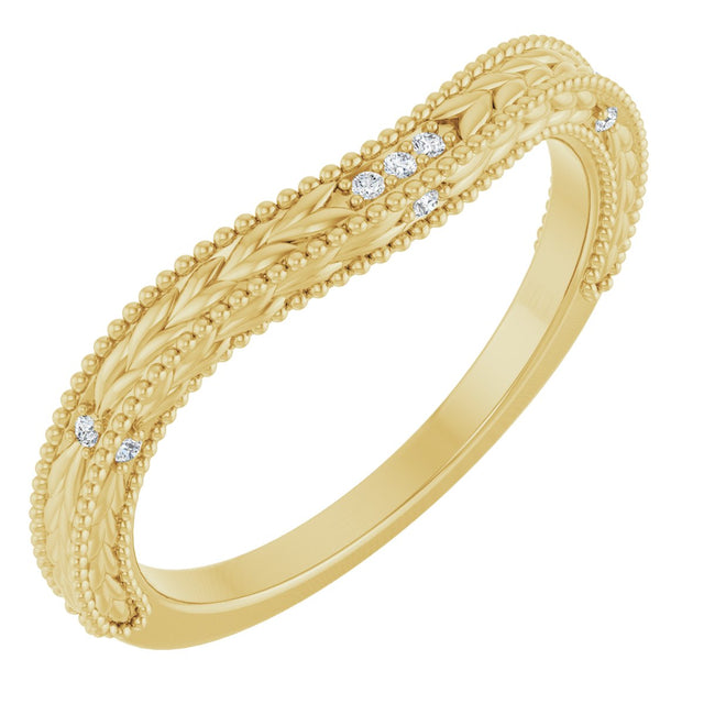 14K Gold Round Natural Diamond Beaded Wheat Pattern Contour Band - Yellow Gold