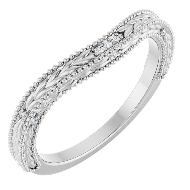 14K Gold Round Natural Diamond Beaded Wheat Pattern Contour Band - White Gold