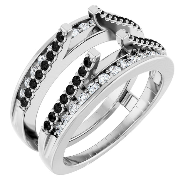 14K Gold Round Natural Black Diamond Double Row Cathedral-Style Ring Guard - White Gold