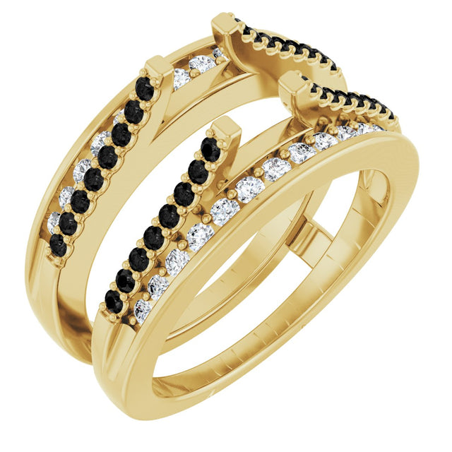 14K Gold Round Natural Black Diamond Double Row Cathedral-Style Ring Guard - Yellow Gold