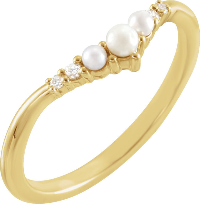 14K Gold Pearl Natural Diamond Contour Band – 2.5mm Stones - Yellow Gold