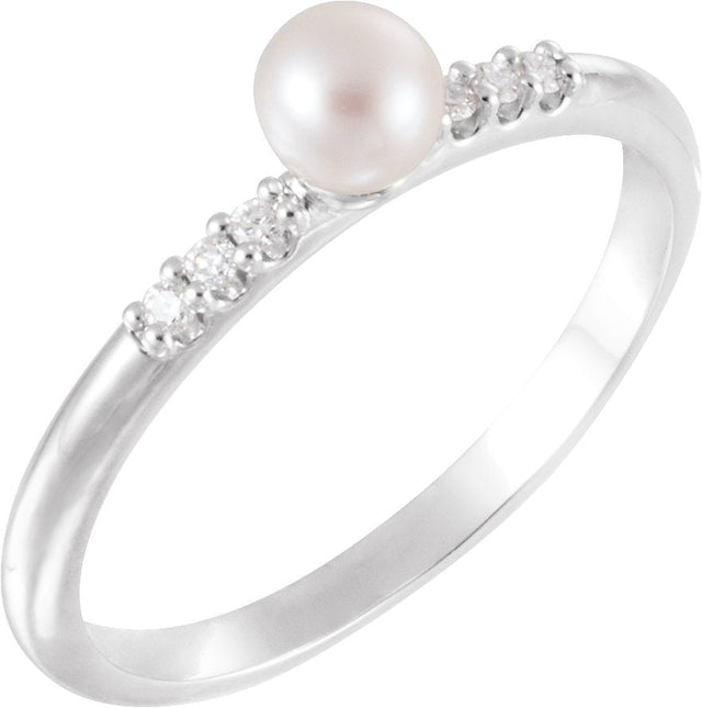 Platinum Cultured White Freshwater Pearl & Natural Diamond Accented Stackable Pearl Ring