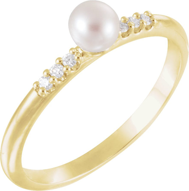 14K Gold Cultured White Freshwater Pearl & Natural Diamond Accented Stackable Pearl Ring β 4mm Stones - Yellow Gold