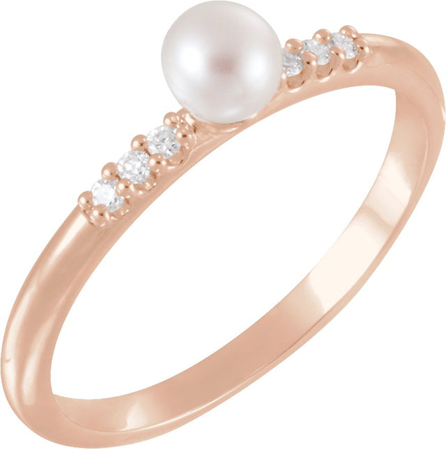 14K Gold Cultured White Freshwater Pearl & Natural Diamond Accented Stackable Pearl Ring β 4mm Stones - Rose Gold