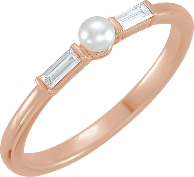 14K Gold Cultured White Seed Pearl & Natural Diamond Accented Pearl Ring - Rose Gold