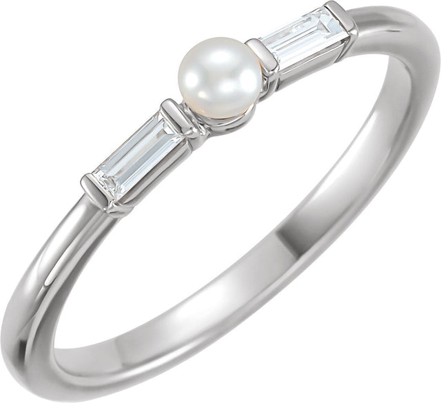 Platinum Cultured White Seed Pearl & Natural Diamond Accented Pearl Ring