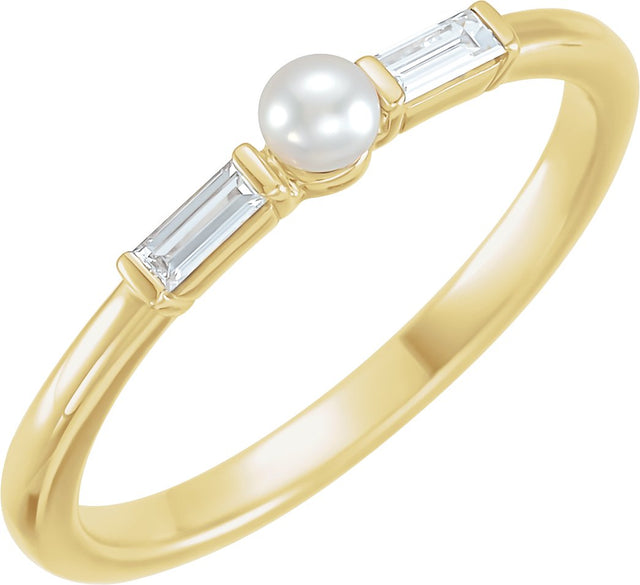 14K Gold Cultured White Seed Pearl & Natural Diamond Accented Pearl Ring - Yellow Gold