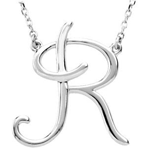 14K Gold Initial R Script Necklace – 19.7x18mm - White Gold