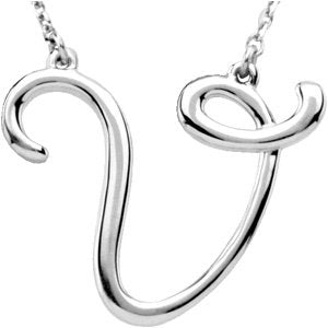 14K Gold Initial V Script Necklace – 22.1x17.1mm - White Gold