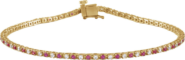 14K Gold Round Natural Ruby & Natural Diamond Line Bracelet - Yellow Gold