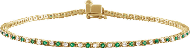 14K Gold Round Natural Emerald & Natural Diamond Line Bracelet - Yellow Gold