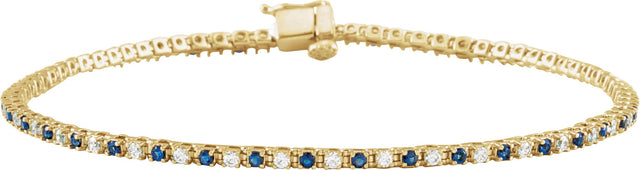 14K Gold Round Natural Blue Sapphire & Natural Diamond Line Bracelet - Yellow Gold